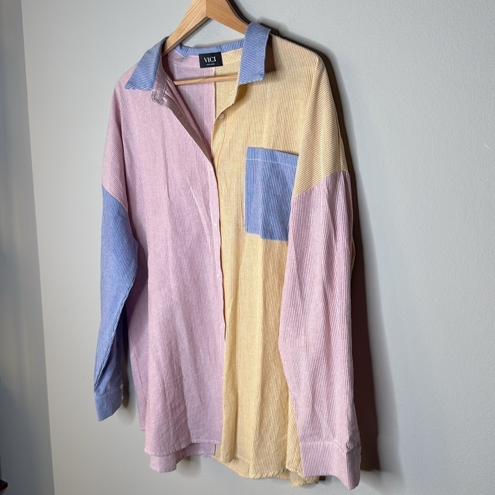 VICI Colorblock Striped Button Down Long Sleeve Shirt Women's Size XL - Picture 5 of 9